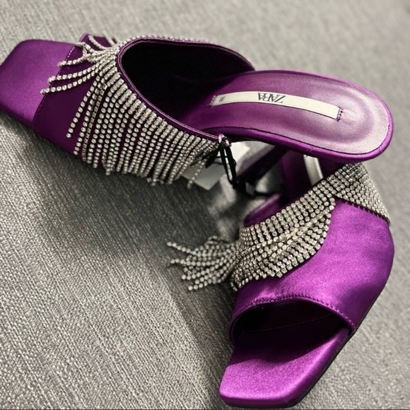 NWT. Zara Purple Sparkly Heeled Sandals with Rhinestone Fringe. Size 6,5. - Picture 5 of 8